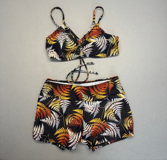 no brand Other - 3 pc Women's Leaf Print Front Tie Bikini High Waist Shorts Swim w/Kimono Size M